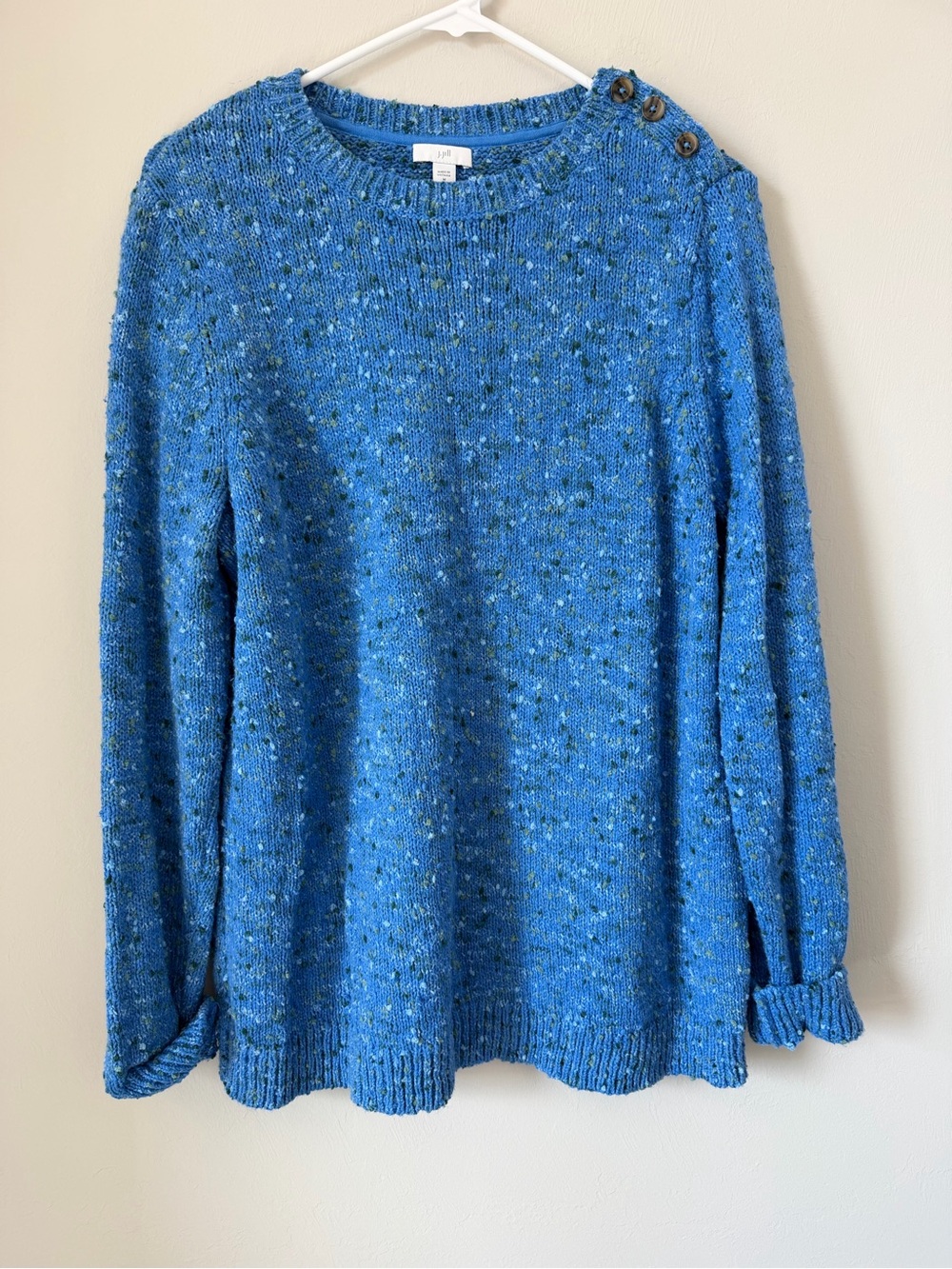 J. Jill Blue Tweed Crewneck Sweater with Shoulder Buttons